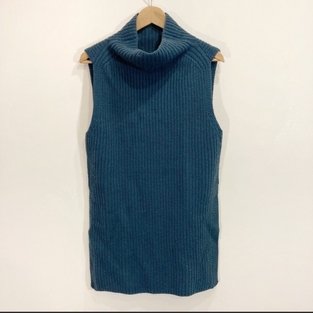 Wilfred Palmier Wool Tunic Turtleneck Sleeveless Sweater Blue Medium Ribbed